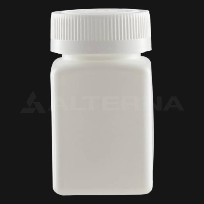 Pilulier carré en PEHD de 80 ml avec bouchon à l'épreuve des enfants de 38 mm